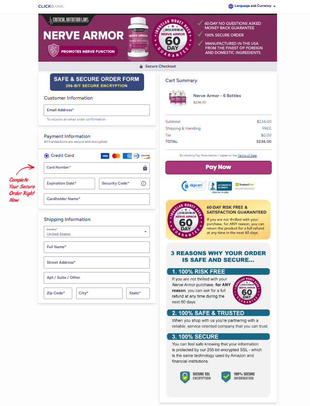 Nerve Armor order page